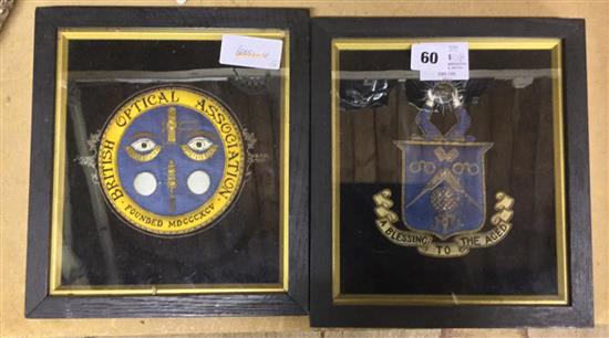 Two framed embroidered livery badges, British Optical Association & Spectacle Makers Society(-)